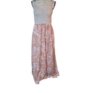 Land of The Free Women's Size Large Tan Pink Floral Maxi Dress with Pockets